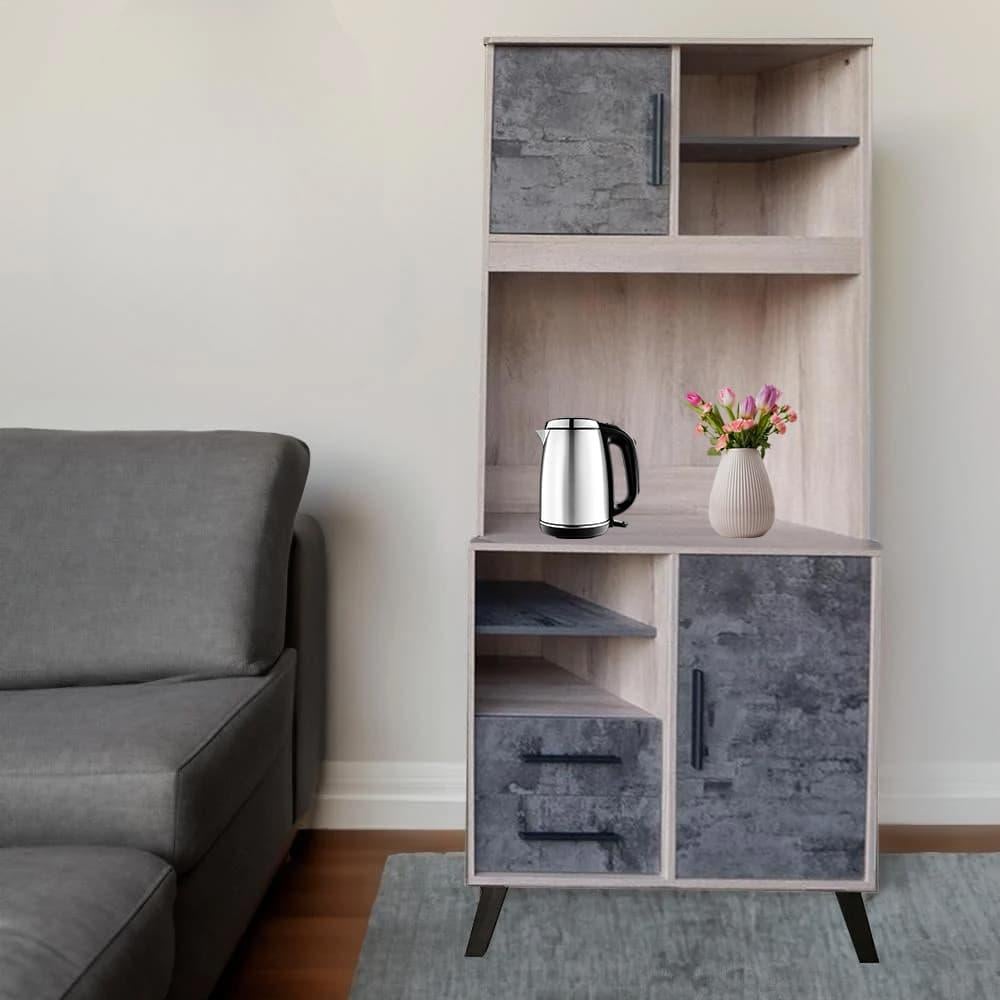 ركن كوفي مودرن بيج ورمادي مع أرفف وأدراج