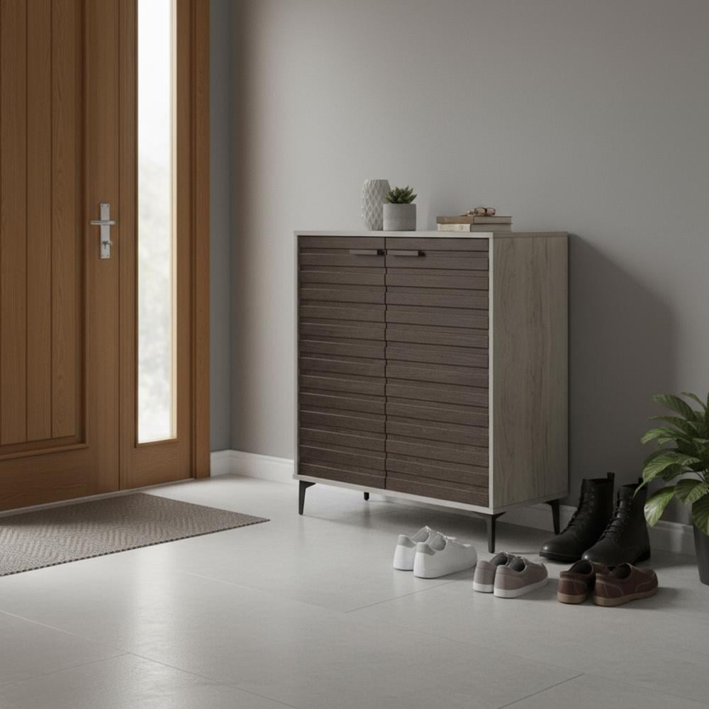 دولاب احذية خشب ماليزي درفتين 4 ادوار - رمادي وبني غامق