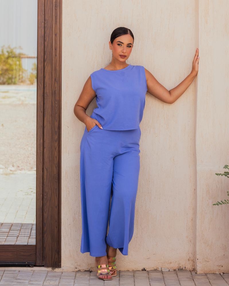 طقم توب وبنطلون ازرق- كتان