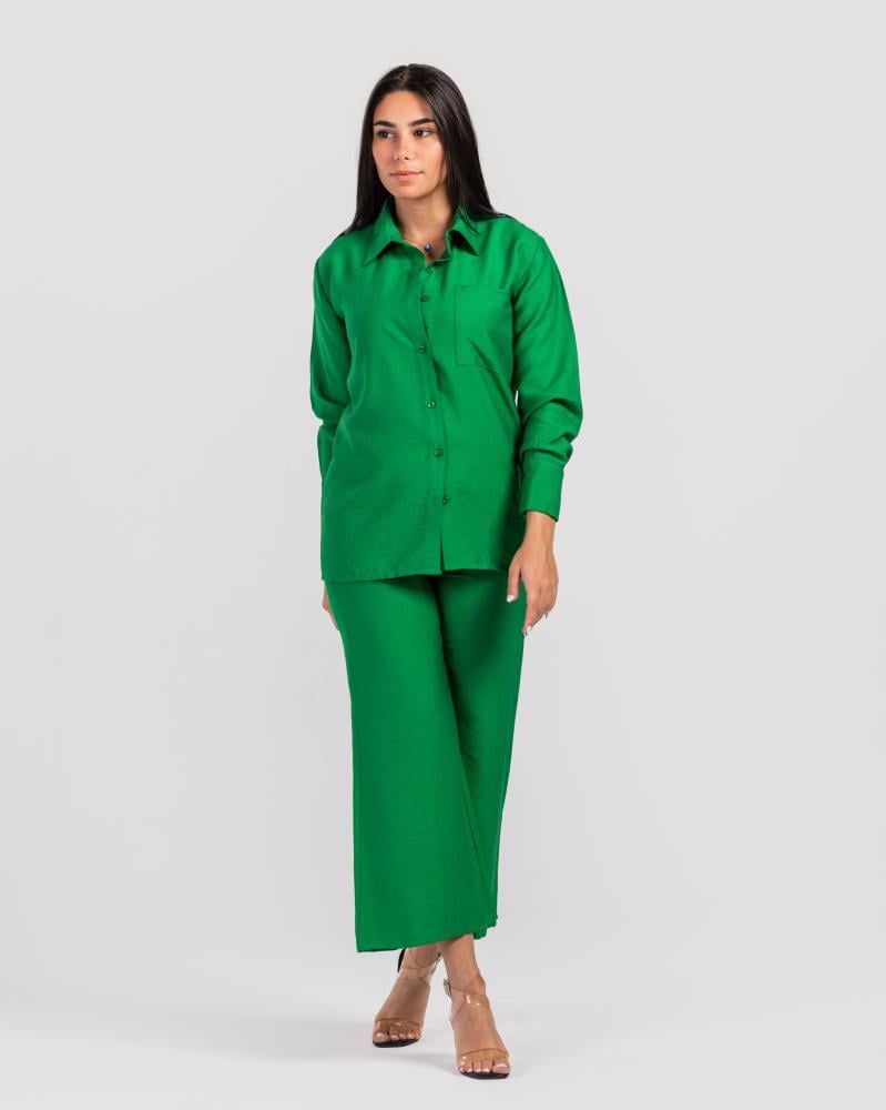 طقم كتان قطعتين بأكمام طويلة- أخضر