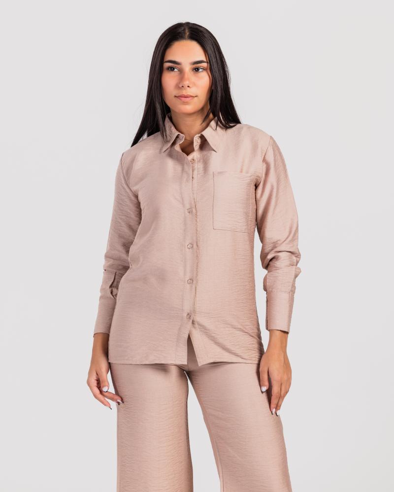 طقم كتان قطعتين بأكمام طويلة-كافية فاتح