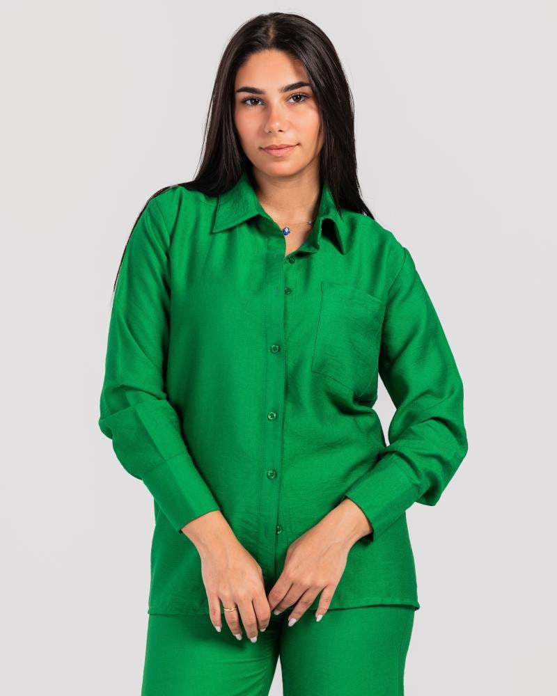 طقم كتان قطعتين بأكمام طويلة- أخضر