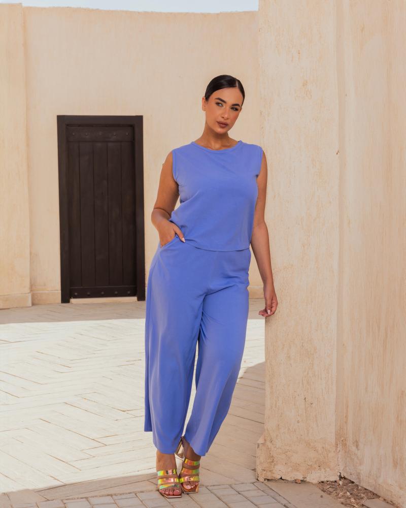 طقم توب وبنطلون ازرق- كتان