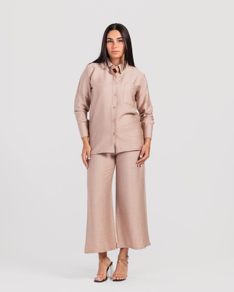 طقم كتان قطعتين بأكمام طويلة-كافية فاتح