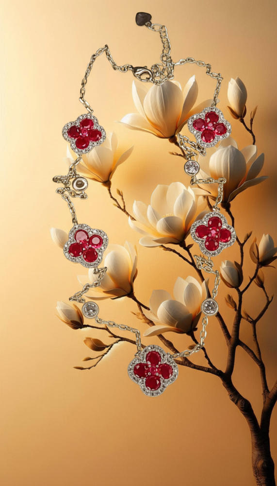 قلادة فضي فاخر مرصع بالأحجار الحمراء والشفافة – بريق أنثوي يخطف الأنظار ️