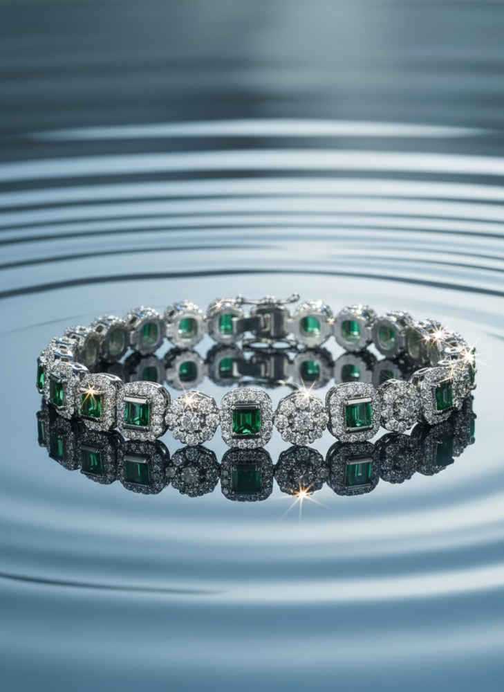 "سوار الزمرد الأخضر والبلورات الشفافة – فخامة تليق بإطلالتك المميزة"