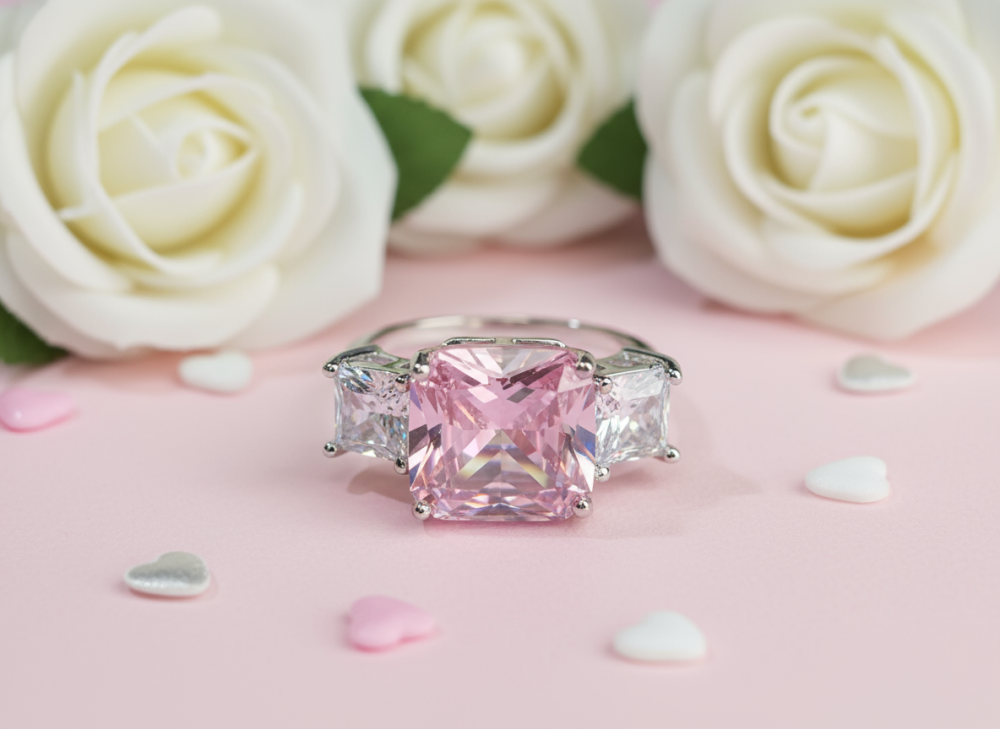 خاتم فضي فاخر بثلاثة أحجار – لمسة رومانسية وأنثوية