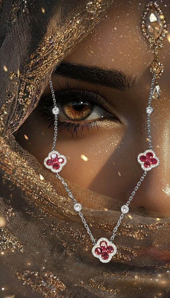 قلادة فضي فاخر مرصع بالأحجار الحمراء والشفافة – بريق أنثوي يخطف الأنظار ️