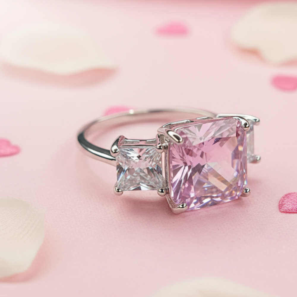 خاتم فضي فاخر بثلاثة أحجار – لمسة رومانسية وأنثوية