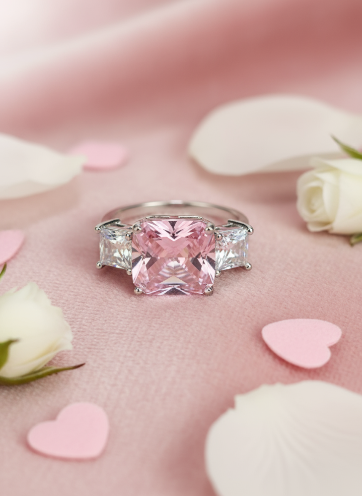 خاتم فضي فاخر بثلاثة أحجار – لمسة رومانسية وأنثوية