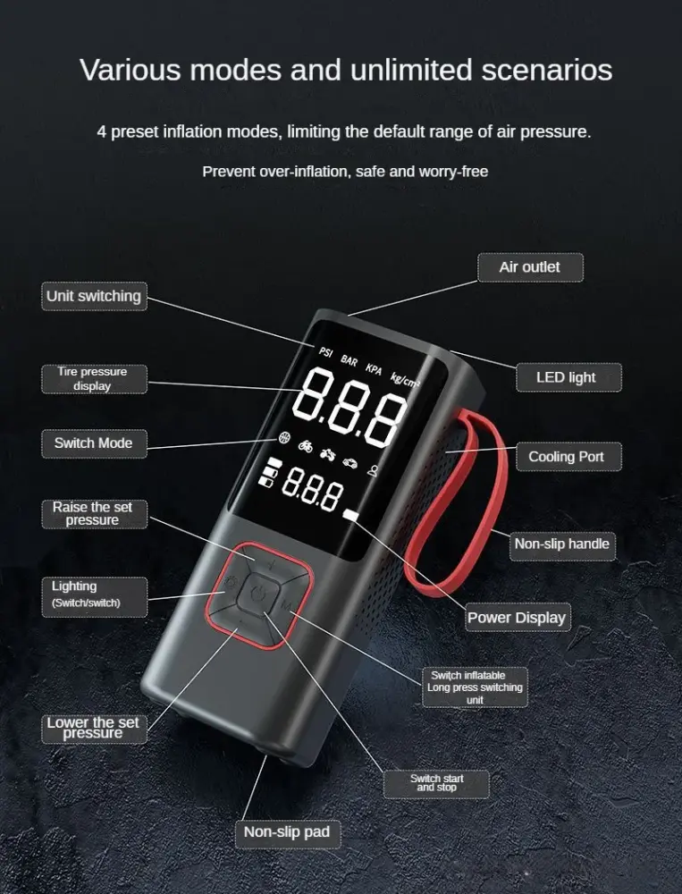 مضخة هواء سيارة لاسلكية ضاغط هواء محمول لسيارة دراجة نارية دراجة الكرة 150PSI منفاخ إطارات كهربائي مع شاشة ديجيتال