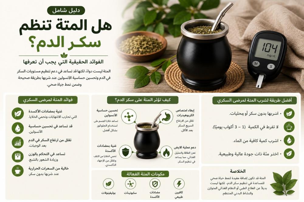اكتشف هل المتة تساعد فعلاً في تنظيم سكر الدم، وكيف تؤثر على مستويات الجلوكوز والأنسولين