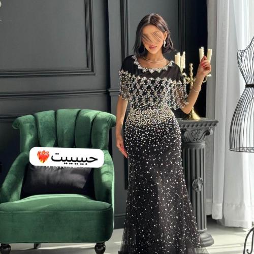 فستان القماش+تل لولو وخرز مكثف وفاخر