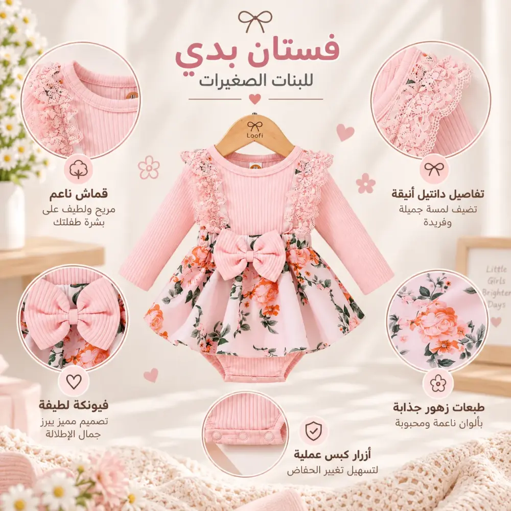 فستان بناتي أطفال وردي (6 اشهر - سنة)