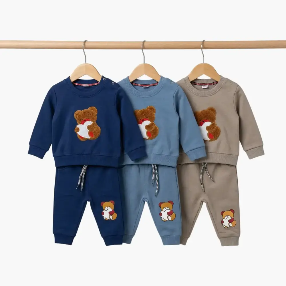 طقم اطفال من قطعتين قطني بطبعة دب - متعدد الوان