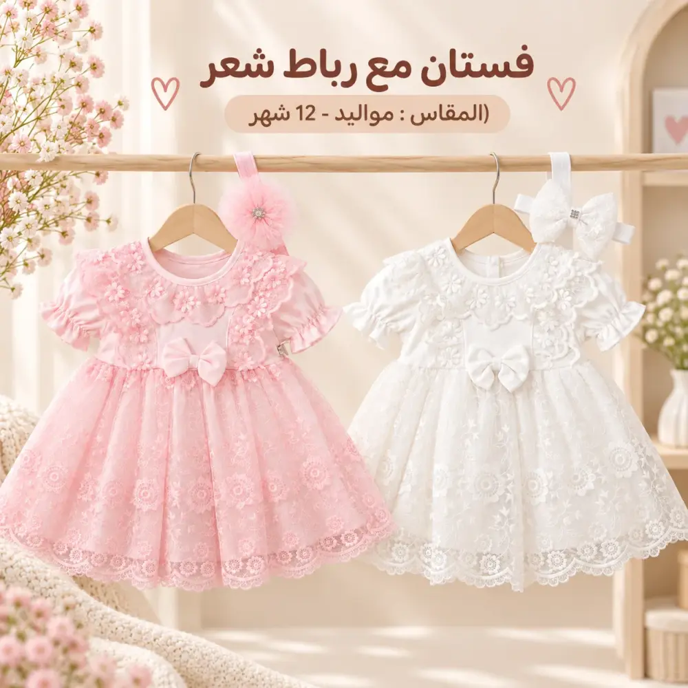 فستان أميرات قطني للمواليد مع ربطة شعر