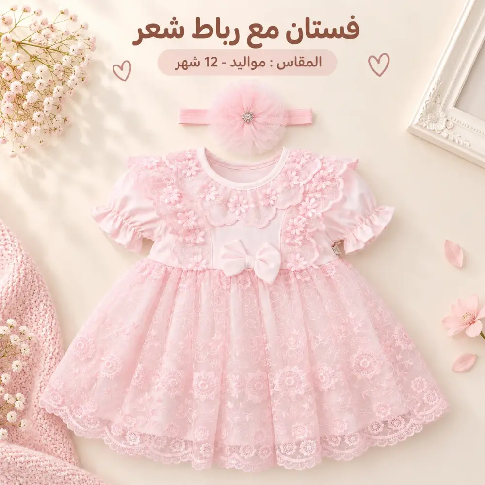 فستان أميرات قطني للمواليد مع ربطة شعر