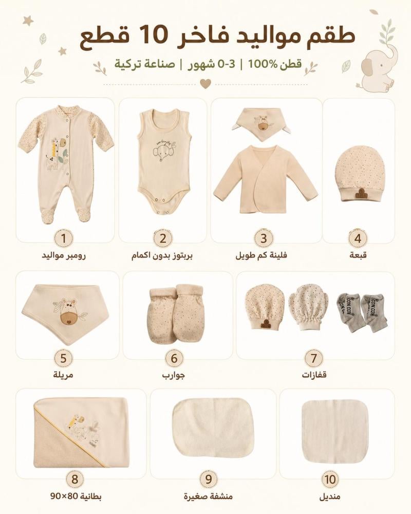 طقم مواليد فاخر 10 قطع عملي وأنيق  (0-3 شهور)