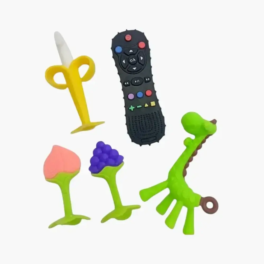 طقم عضاضات سيليكون للأطفال -تسنين الرضع 5 قطع -ريموت كنترول - عدة الوان