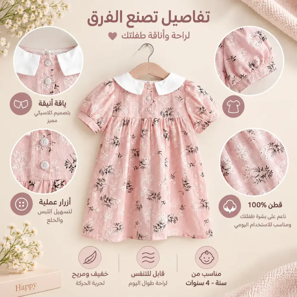 فستان بناتي أطفال قطن وردي ناعم (سنة - 4 سنوات)