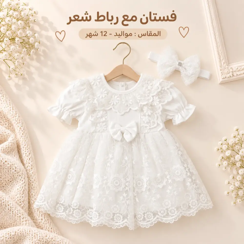 فستان أميرات قطني للمواليد مع ربطة شعر