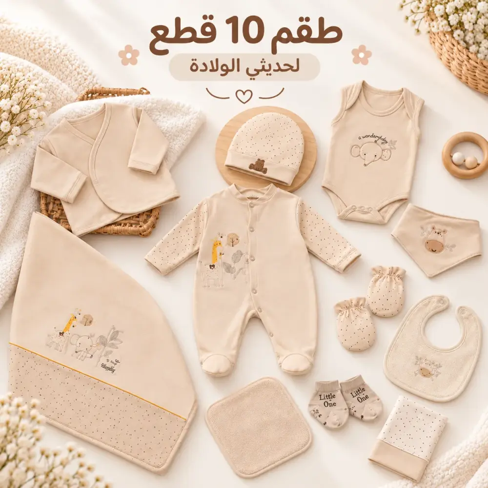 طقم مواليد فاخر 10 قطع عملي وأنيق  (0-3 شهور)