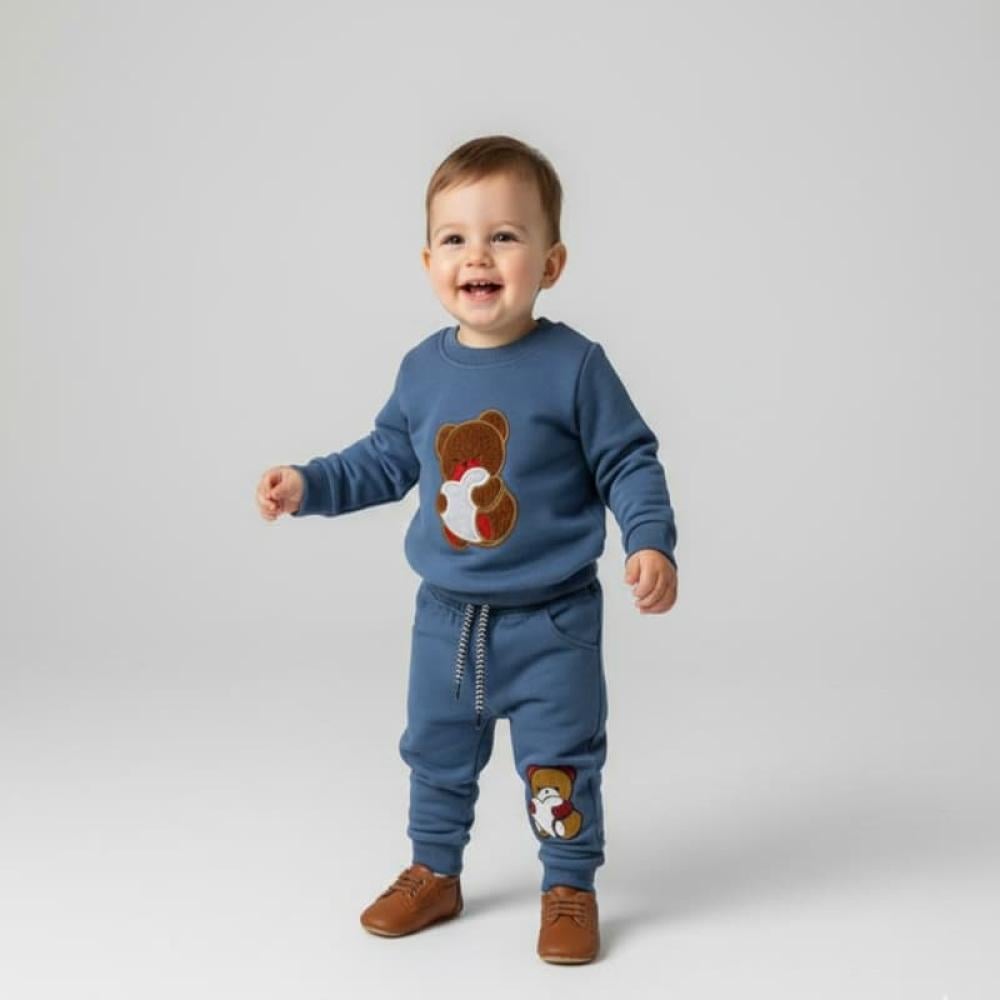 طقم اطفال من قطعتين قطني بطبعة دب - متعدد الوان