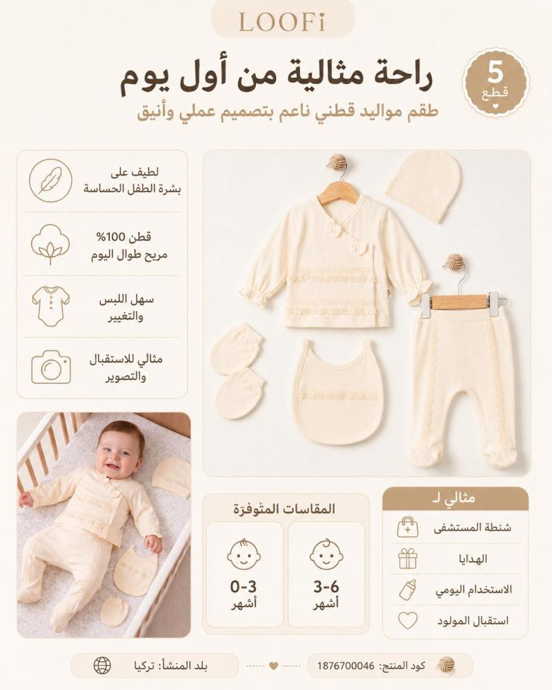 اطقم مواليد أولاد وبنات قطن ناعم (0-6 أشهر)