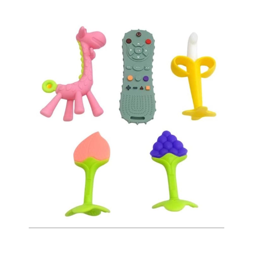 طقم عضاضات سيليكون للأطفال -تسنين الرضع 5 قطع -ريموت كنترول - عدة الوان