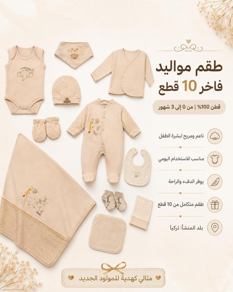 طقم مواليد فاخر 10 قطع عملي وأنيق  (0-3 شهور)