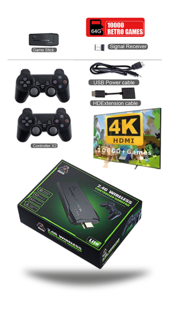 جهاز العاب فيديو كلاسيكية 64G بتقنية 4K HD، مع 10000 لعبة ببطاقة TF و9 محاكيات ومنفذ HDMI للتلفزيون و2 جهاز تحكم عن بعد لاسلكي