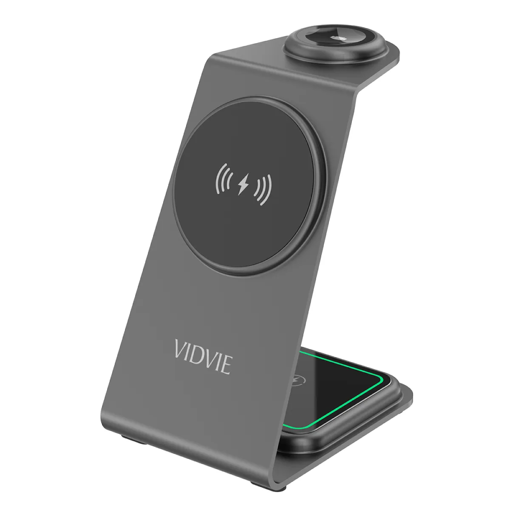 محطة الشحن اللاسلكية VIDVIE WLC1414 3 في 1 هي شاحن لاسلكي متعدد الاستخدامات مصمم لشحن ثلاثة أجهزة في وقت واحد.