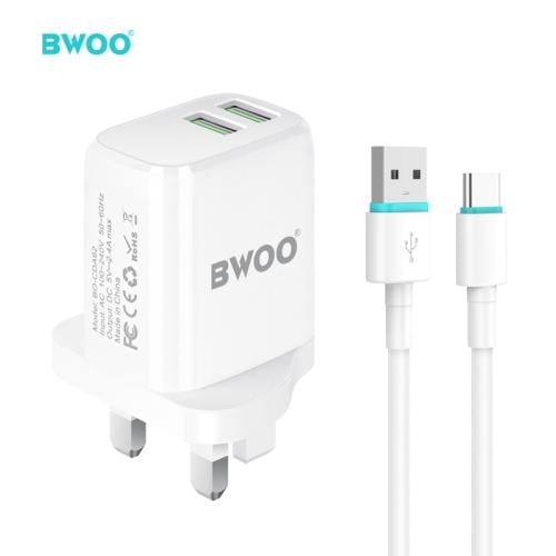 بوو شاحن جداري مع كيبل سي منفذين USB A ابيض BO-CDA...