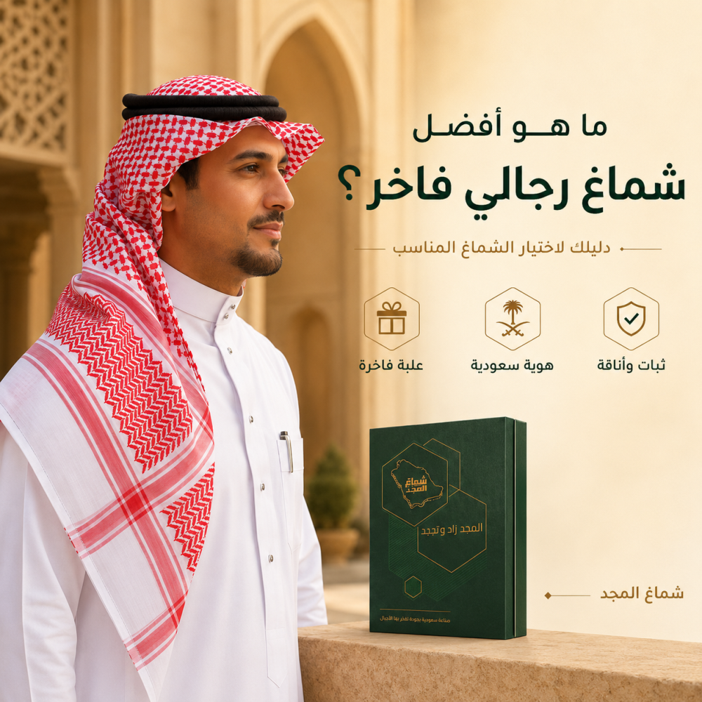 رجل سعودي يرتدي شماغ المجدِد الأحمر الفاخر مع علبة الشماغ ودليل اختيار