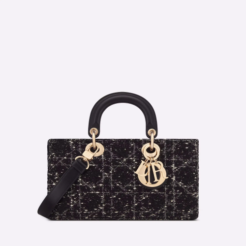 حقيبة ديور متوسطة الحجم ليدي دي جوي، بنقشة كاناج سوداء بتأثير التويد