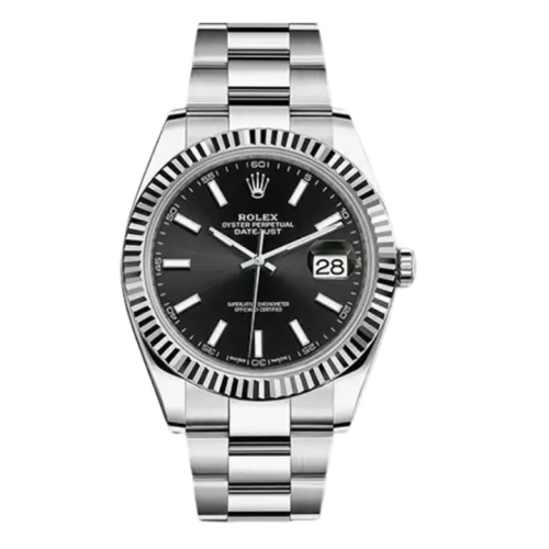 ساعة رولكس ديت جست مينا أسود بمؤشرات، إطار مخدد من الذهب الأبيض، قطر 41 مم