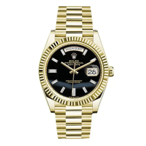 ساعة رولكس رجالية مينا من العقيق الأسود بتصميم باغيت، إطار مخدد 40 مم، سوار  من الذهب الأصفر عيار 18 قيراط