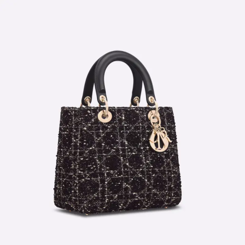 حقيبة ديور متوسطة الحجم للسيدات D-LITE بنقشة كاناج سوداء بتأثير التويد