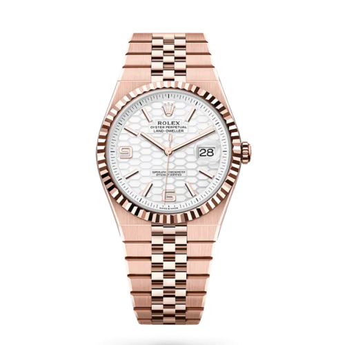 رولكس لاند دويلر 40، ذهب وردي، مينا أبيض ناصع بنقشة قرص العسل، إطار مخدد