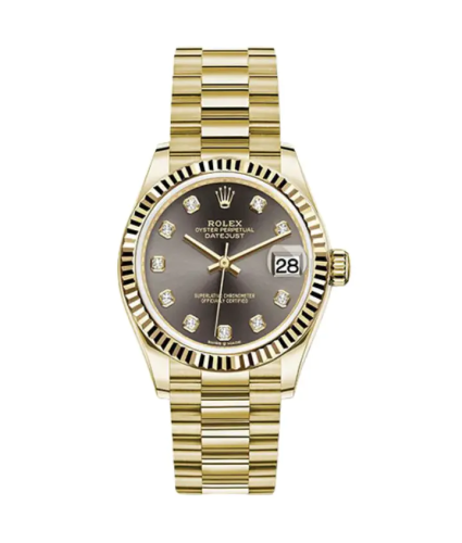 ساعة رولكس ديت جست  بإطار مخدد من الذهب الأصفر والماس الرمادي الداكن