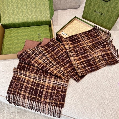 Gucci rainbow check scarf milk tea color  35x195cm 100% wool