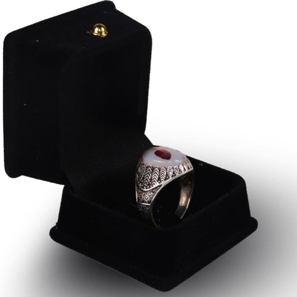 خاتم فضة وعقيق لون ابيض رجالي - F7