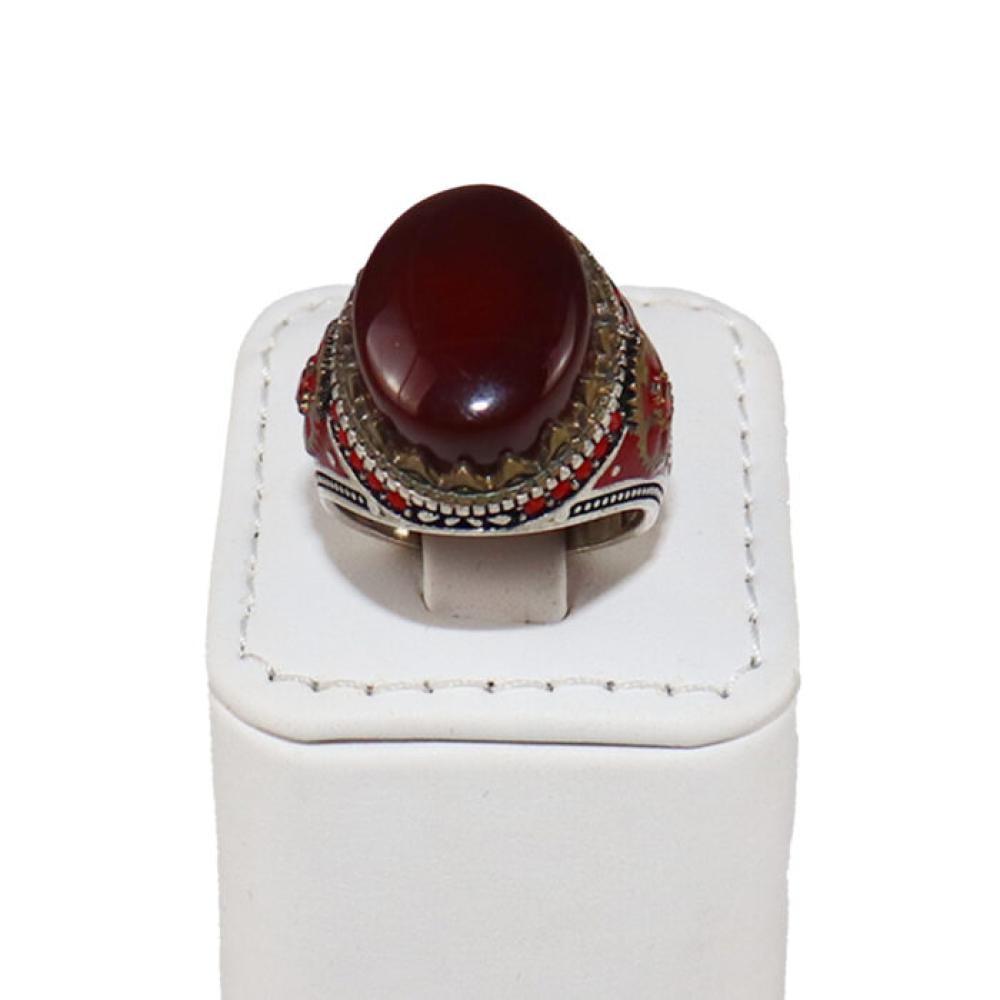 خاتم فضة وعقيق لون احمر رجالي - D7