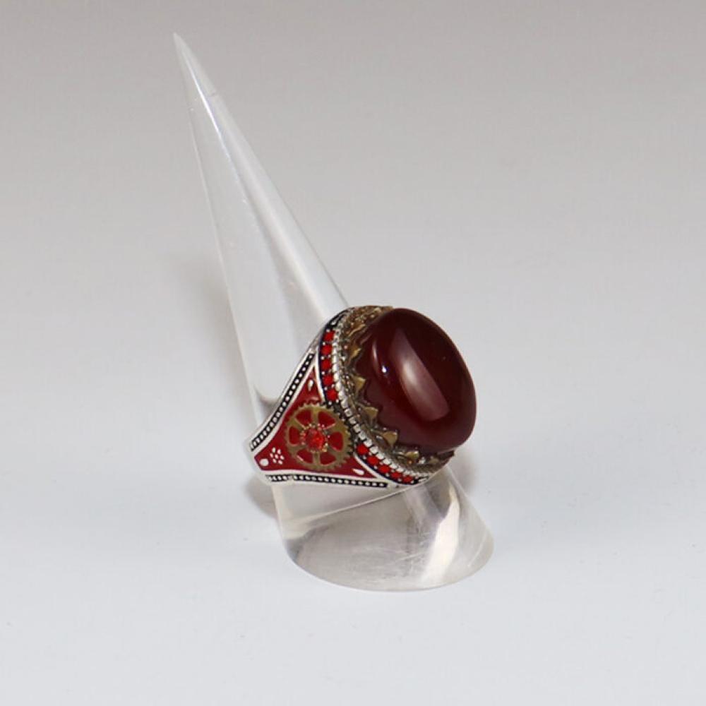 خاتم فضة وعقيق لون احمر رجالي - D7