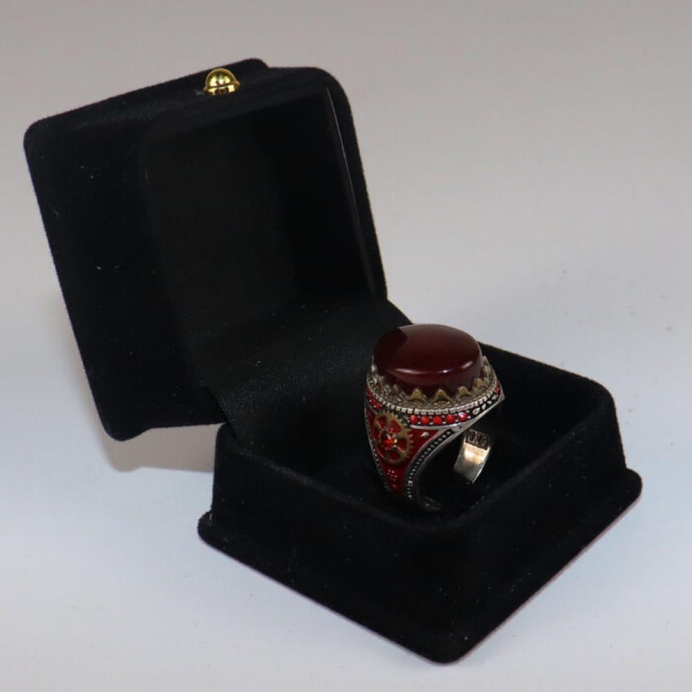 خاتم فضة وعقيق لون احمر رجالي - D7