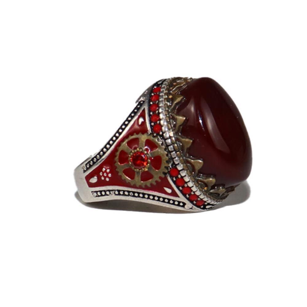 خاتم فضة وعقيق لون احمر رجالي - D7