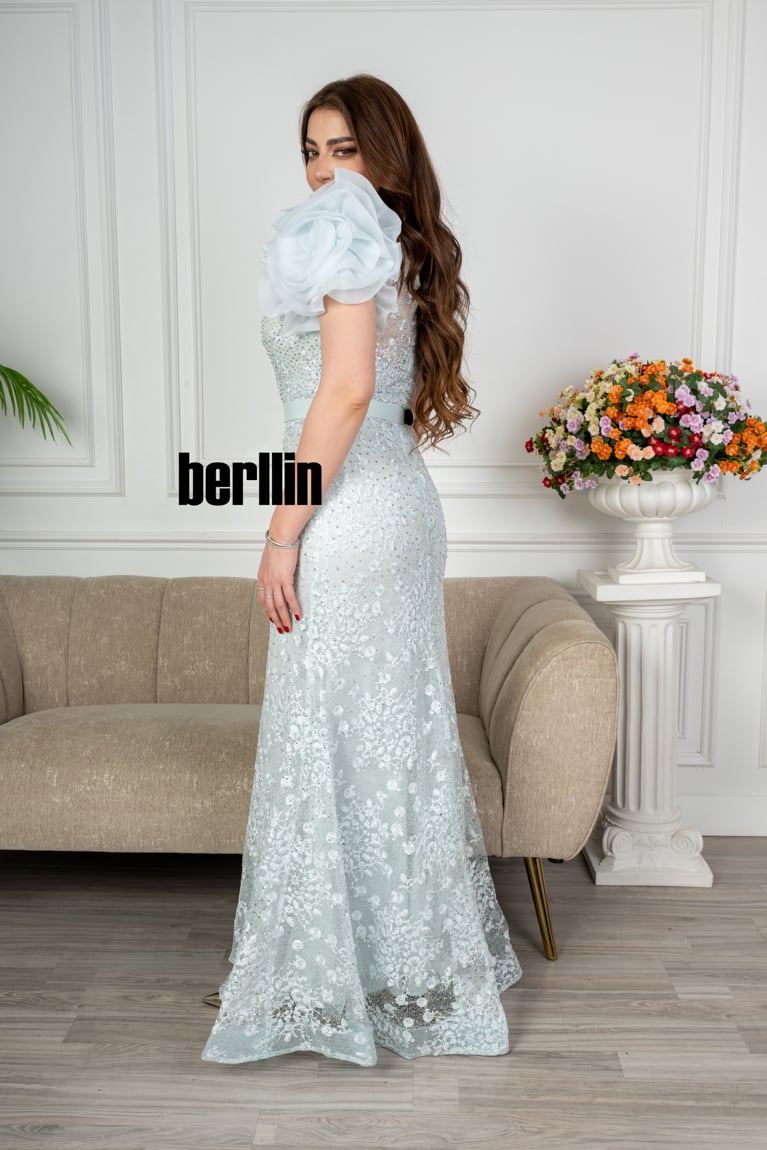 فستان طويل تل مطرز بستايل أكمام بف منفوخ لون سماوي فاتح