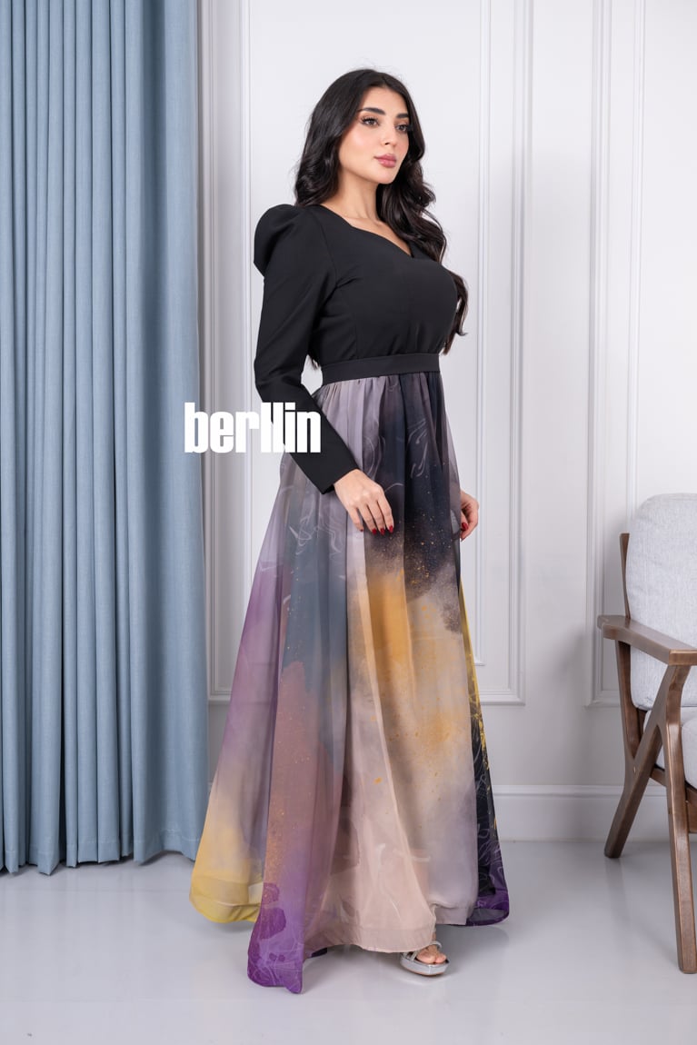 فستان ناعم مشجر مميز بنقشات انيقة وجذابة لون اسود