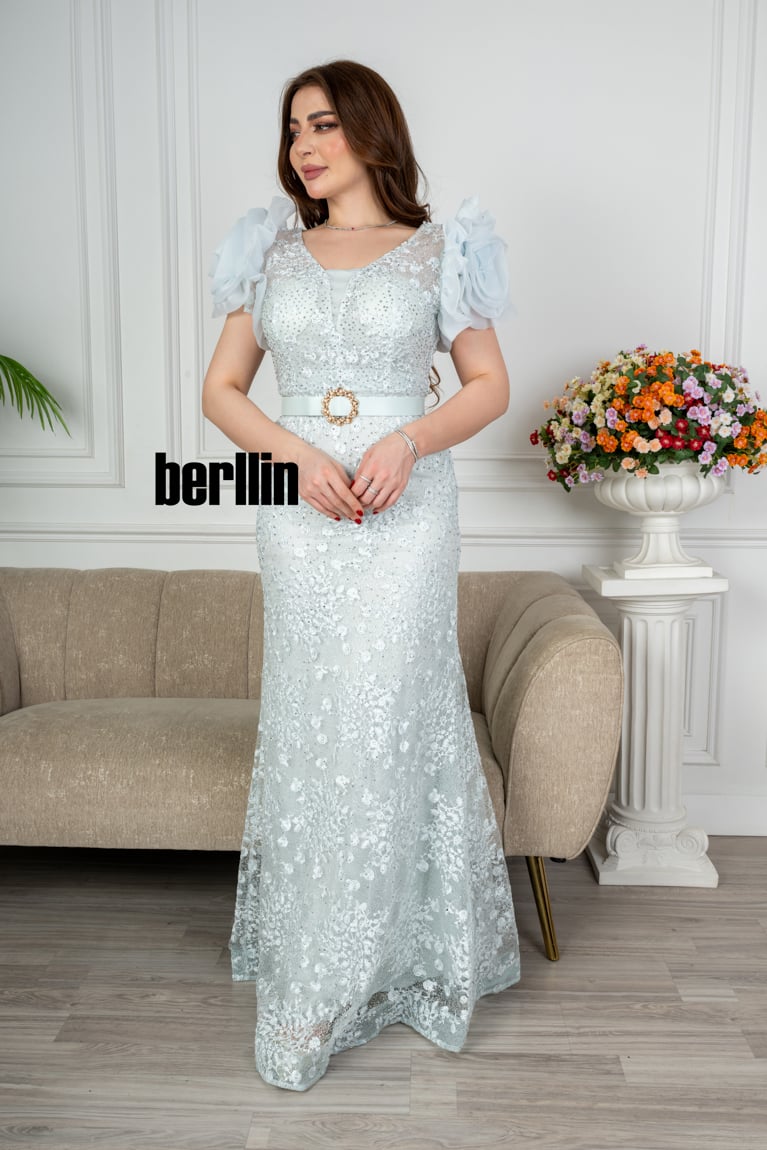 فستان طويل تل مطرز بستايل أكمام بف منفوخ لون سماوي فاتح