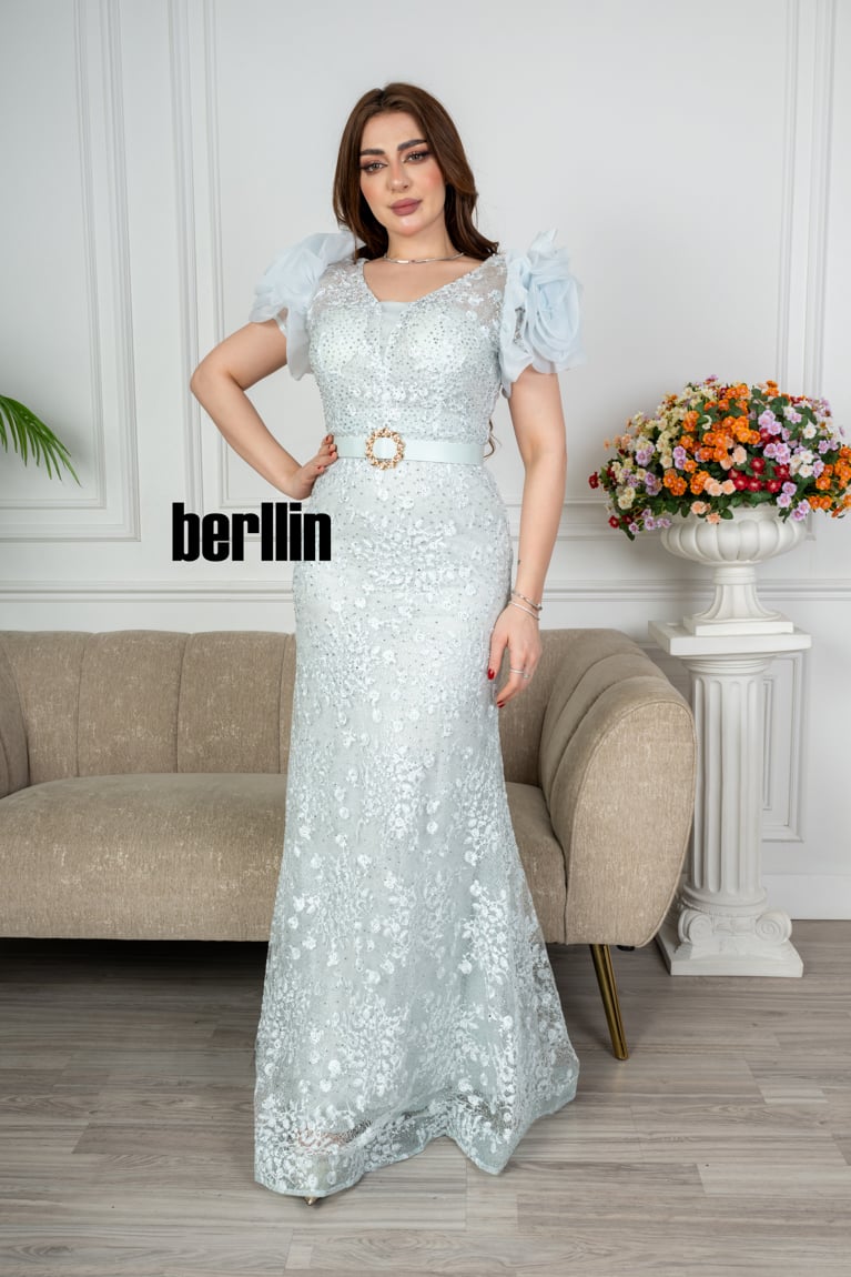 فستان طويل تل مطرز بستايل أكمام بف منفوخ لون سماوي فاتح